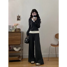 批发早秋减龄穿搭一整套女时尚假两件连帽上衣高腰休闲运动两件套裤子