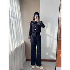 一整套入秋穿搭小香风套装女休闲时尚翻领短款外套阔腿裤两件套潮