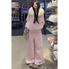 批发盐系休闲运动套装女秋冬季高级感时尚潮流毛领外套阔腿裤两件套潮