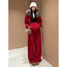 批发慵懒风时髦休闲运动套装女秋冬季韩系毛领连帽外套阔腿长裤两件套