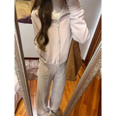 批发韩系慵懒风休闲运动套装女春秋宽松软绒甜杏粉色卫衣阔腿裤两件套