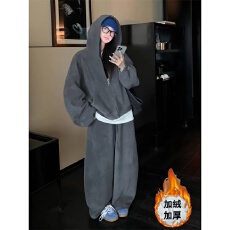 批发<b class='q'>运动服</b>套装女秋冬加绒加厚<b class='q'>韩版</b>宽松时尚慵懒风卫衣休闲两件套跑步