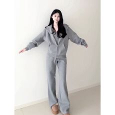 批发灰色慵懒风休闲<b class='q'>运动服</b>套装女春秋宽松时尚显瘦开衫卫衣跑步两件套