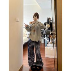 批发美式卫衣运动套装女秋季韩版宽松格子阔腿裤休闲两件套网红时尚潮