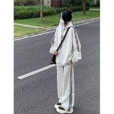 批发灰色连帽卫衣阔腿裤<b class='q'>运动服</b>套装女秋季学生美式高街宽松跑步两件套