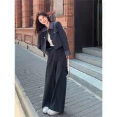 批发盐系高级感时尚运动套装女<b class='q'>秋</b>季韩系显瘦短款外套阔腿裤休闲两件套