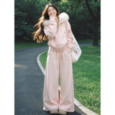 批发少女粉色运动服套<b class='q'>装</b>女春秋学生宽松<b class='q'>时尚</b>连帽卫衣阔腿<b class='q'>裤</b><b class='q'>休闲</b>两件套