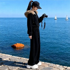 批发韩版休闲运动套装女春秋季新款黑色毛领连帽拉链卫衣阔腿裤两件套