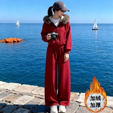 批发红色毛领连帽拉链卫衣时尚休闲套装女冬季加绒阔腿裤高级感两件套