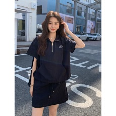 批发韩系减龄休闲<b class='q'>运动服</b>套装女夏季新款时尚拉链POLO衫<b class='q'>短袖</b>短裙两件套
