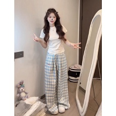 韩系辣妹休闲运动服套装女夏季纯棉修身正肩短袖格子阔腿裤两件套