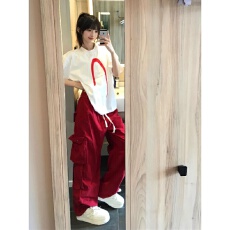 批发多巴胺穿搭夏季两件套<b class='q'>印花</b>半袖短袖T恤宽松百搭酒红色工装裤<b class='q'>套装</b>