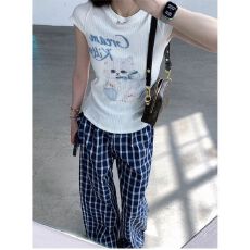 批发美式<b class='q'>休闲</b>运动服<b class='q'>套装</b>女夏季甜美蝴蝶结猫咪修身正肩短袖长裤两件套