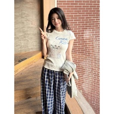 批发韩系夏季新款小众休闲运动<b class='q'>套装</b>女复古<b class='q'>印花</b>针织圆领短袖长裤两件套