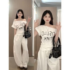 批发韩系别致休闲<b class='q'>运动服</b>套装女夏季百搭修身斜肩扭结短袖阔腿裤两件套