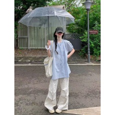 批发小清新减龄休闲<b class='q'>运动服</b>套装女夏季波点短袖娃娃衬衫工装长裤两件套