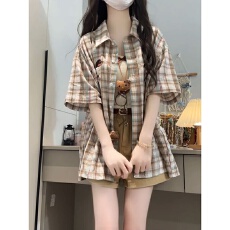 批发夏季穿搭一整套女装新款甜辣妹百搭刺绣格子<b class='q'>衬衫</b>显瘦短裤两件套装