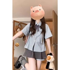批发夏季新款时尚小个子穿搭条纹短袖<b class='q'>衬衫</b>百褶短裙减龄学院风两件套装