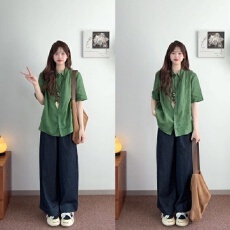 批发休闲穿搭宽松日系港风设计感绿色<b class='q'>衬衫</b>藏青色阔腿裤夏百搭休闲套装
