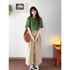 批发超火减龄夏装一整套盐系高级感小个子洋气绿色衬衫卡其<b class='q'>休闲裤</b>套装