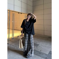 批发慵懒风运动服套装<b class='q'>女</b>夏季学生韩版宽松显瘦短袖格子<b class='q'>长裤</b>休闲两件套