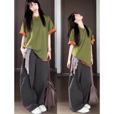 批发美式复古休闲运动服套装<b class='q'>女</b>夏季设计感百搭撞色拼接短袖<b class='q'>长裤</b>两件套