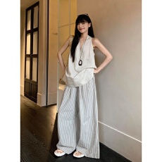 批发法式气质休闲运动服套装<b class='q'>女</b>夏季高级感无袖V领上衣条纹<b class='q'>长裤</b>两件套