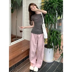 批发夏季韩系斜肩休闲运动服套装女学生短袖阔腿<b class='q'>裤</b><b class='q'>宽松</b>显瘦穿搭两件套