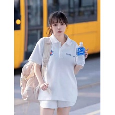 日系潮牌少女POLO领休闲运动套装女夏宽松阔腿纯色短袖短裤两件套