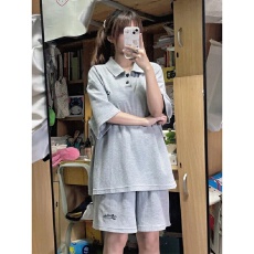 批发美式复古华夫格POLO领休闲运动套装女夏季短袖短裤跑步服两件套潮
