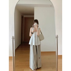 批发韩系气质减龄休闲运动套装女夏季设计感小众无袖衬衫阔腿裤两件套