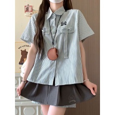 批发夏季时尚小个子条纹短袖衬衫搭配百褶短裙减龄学院风两件套装穿搭