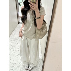 批发韩系慵懒风休闲运动套装女夏季设计感卷边斜肩针织短袖长裤两件套