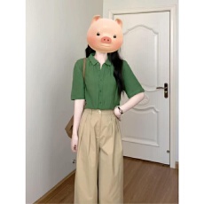 批发休闲运动服套装女夏季森女系薄款短袖衬衫卡其色阔腿裤复古两件套