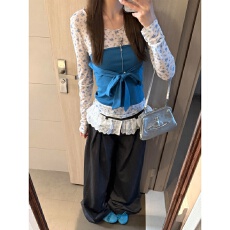 批发韩系蓝色抹胸吊带背心女超火减龄早<b class='q'>春</b>漂亮露肩上衣一整套装裤穿搭