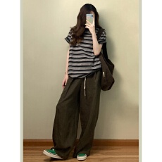 批发日系慵懒风运动套装<b class='q'>女</b>夏季复古松弛感宽松条纹短袖长裤休闲两件套
