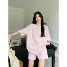 批发刺绣字母设计感宽松短袖T恤高腰阔腿短裤女夏季新款时尚<b class='q'>套装</b>