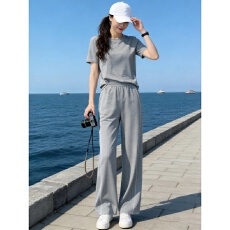批发潮流时尚休闲运动<b class='q'>套装</b>女夏新款短袖圆领上衣灰色高腰阔腿裤两件套