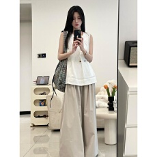 夏季一整套ootd穿搭气质宽松无袖衬衫衬衣阔腿裤女装两件套慵懒风