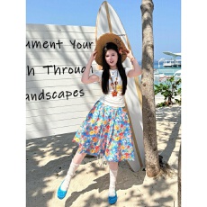 白色短袖印花t恤花朵半身裙两件套女夏季活力多巴胺油画风套装裙