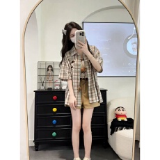 批发日系学院风甜美格纹<b class='q'>衬衫</b>休闲<b class='q'>运动服</b>套装女夏季宽松短袖短裤两件套