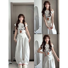 批发韩系甜妹休闲运动服套装女夏季慵懒风显瘦字母斜肩短袖长裤两件套