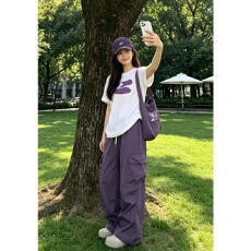 批发高级感甜酷炸街时尚休闲运动套装<b class='q'>女</b>夏日宽松T恤紫色<b class='q'>工装裤</b>两件套