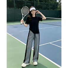 批发慵懒风<b class='q'>运动服</b>套装女<b class='q'>夏季</b>宽松显瘦纯棉短袖T恤拼接长裤休闲两件套