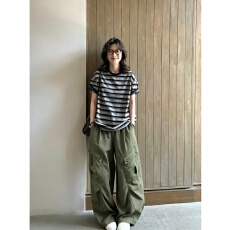 批发日系松弛感<b class='q'>运动服</b>套装女<b class='q'>夏季</b>宽松慵懒风复古条纹短袖工装裤两件套