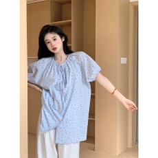 批发韩系休闲<b class='q'>运动服</b>套装女夏季小清新波点宽松泡泡袖短袖阔腿裤两件套