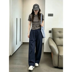 批发欧货夏季新款穿搭高端复古撞色<b class='q'>条纹</b>打底T恤减龄炸街阔腿裤两件套