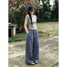 批发灰色正肩短袖t恤女<b class='q'>夏</b>季蓝色格子阔腿裤韩系ootd<b class='q'>夏</b>天穿搭一整套装