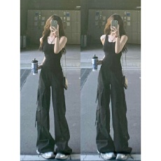 批发港风复古<b class='q'>运动</b>服套装女夏季显瘦时尚背心工装阔腿裤休闲两件套跑步