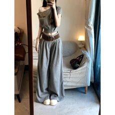 批发超火夏装套装女韩系慵懒风灰色华夫格斜肩短袖上衣阔腿裤子两件套